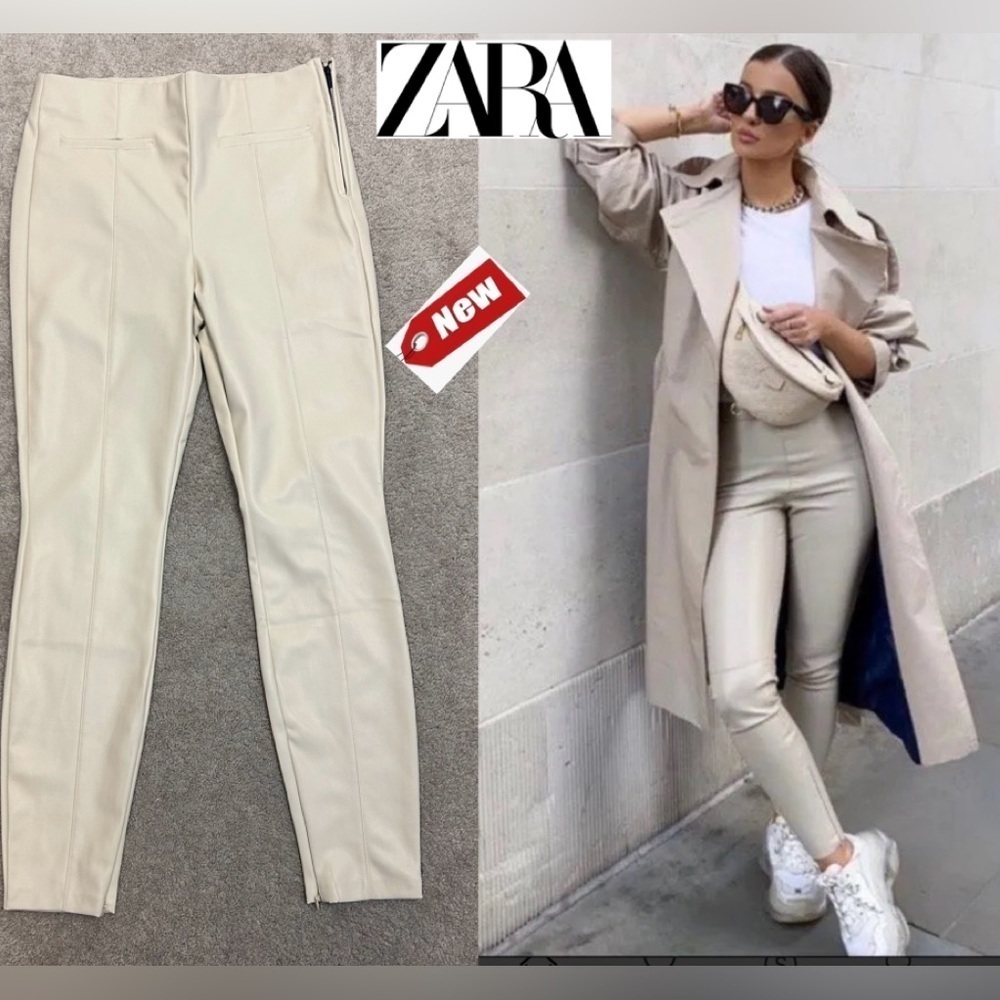 Zara ecru cream faux leather pleather high rise leggings zippered ankle L NWT - Picture 15 of 15